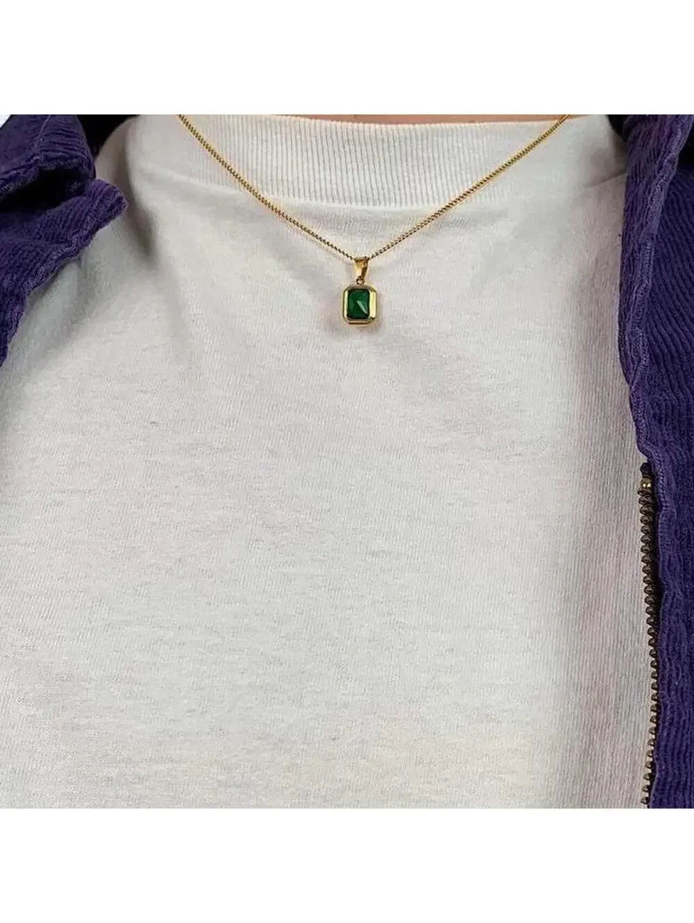 Classy minimalist Gold Chain Green jewel pendant necklace. Chain is unisex. 18